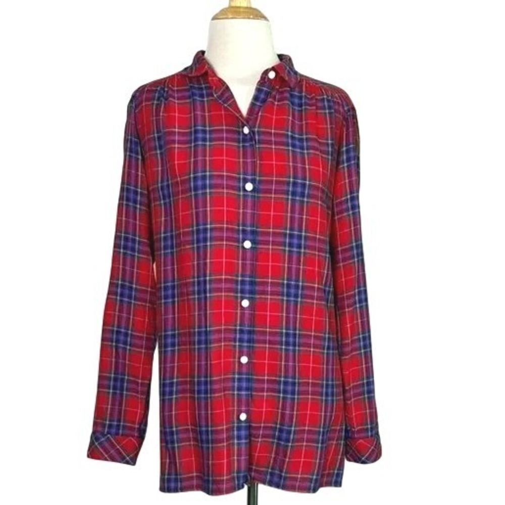 J. JILL Women Medium Red Plaid Cotton Modal Blend Button Up Long Sleeve Top Cozy